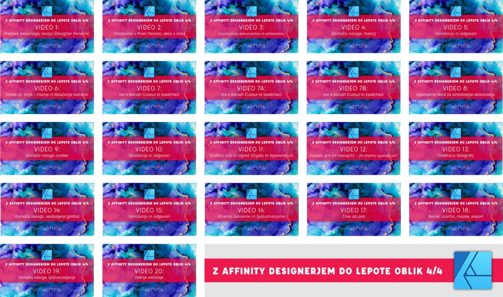 Vse teme v tečaju Z Affinity Designerjem do lepote oblik 4/4, 20 videov